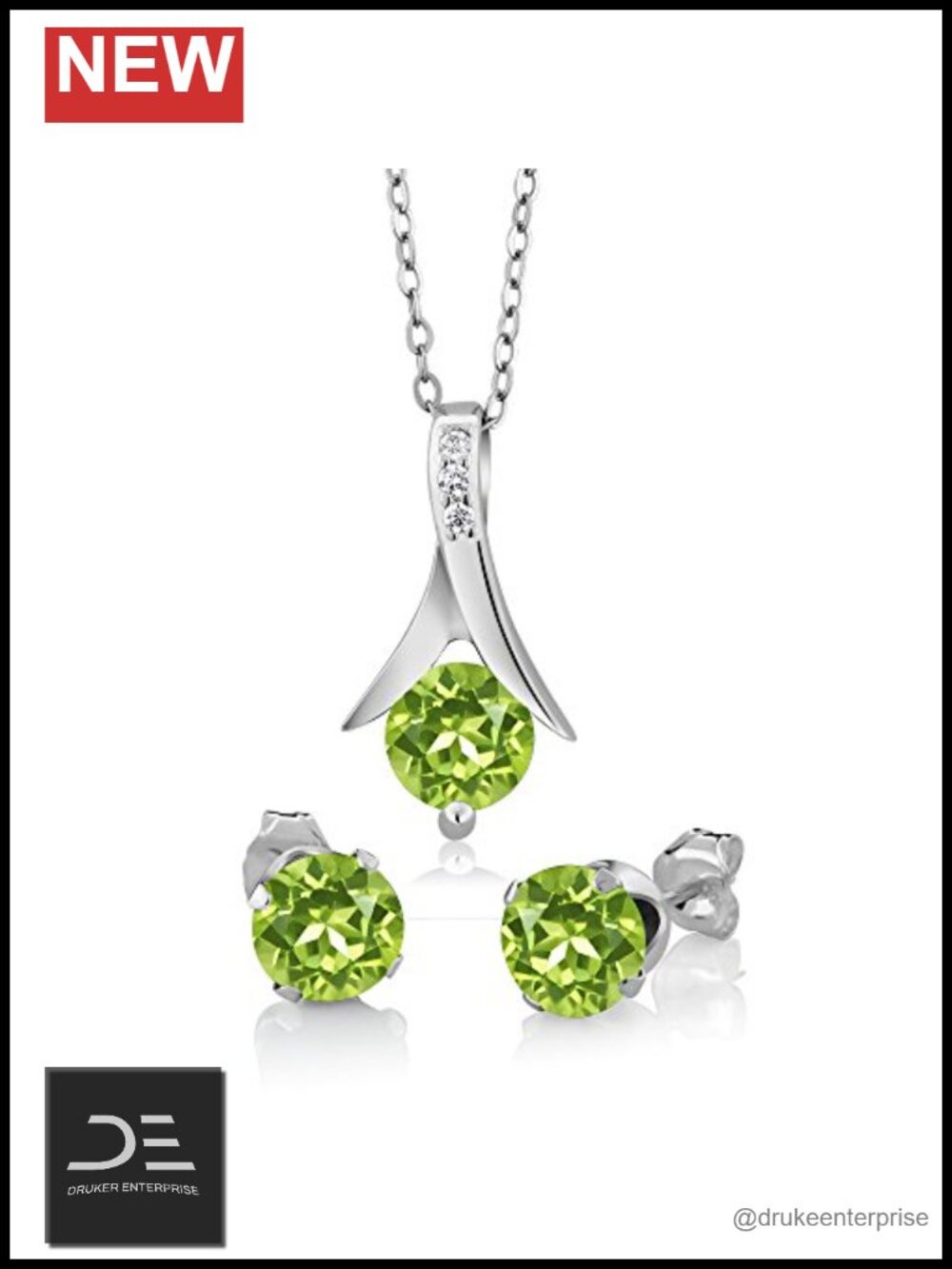 Sterling Silver Peridot & Moissanite Pendant Earrings Set 925